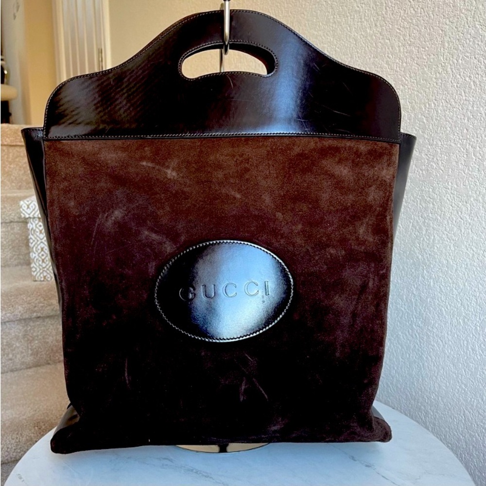 Gucci GG Logo Brown Suede Leather Large Tote Bag